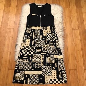 Vintage 80s Paquette Patchwork Print Sleeveless Black Cream Midi Dress size M